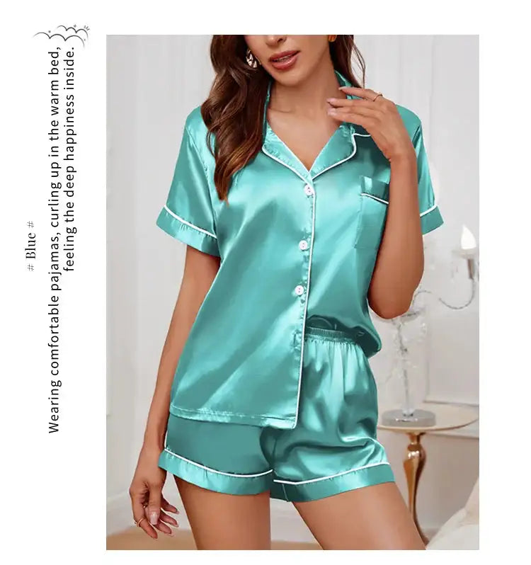 Pigiama da donna in raso di seta estivo Set Top e pantaloncini abbottonati 2 pezzi indumenti da notte colletto dentellato indumenti da notte Loungewear per le donne platinumshop