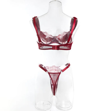 Toucheart Erotic Lingerie New Burgundy Embroidered Underwear Set Sexy Deep V Push-up Hot Bra Hollow See-through Panties Forwomen