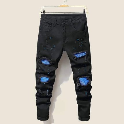Men's Jeans Cool Ripped Skinny Trousers Stretch Slim Denim Pants Patchwork Hip Hop Black Blue Casual Jogging Jeans for Men PlatiNum