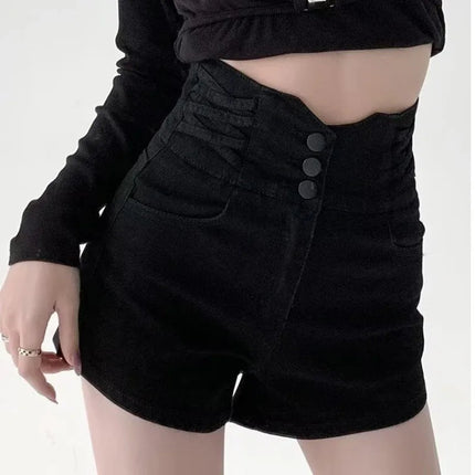 Women's super high waisted denim shorts for summer girls, new black A-line waist cinching slimming design, hot pants PlatiNum