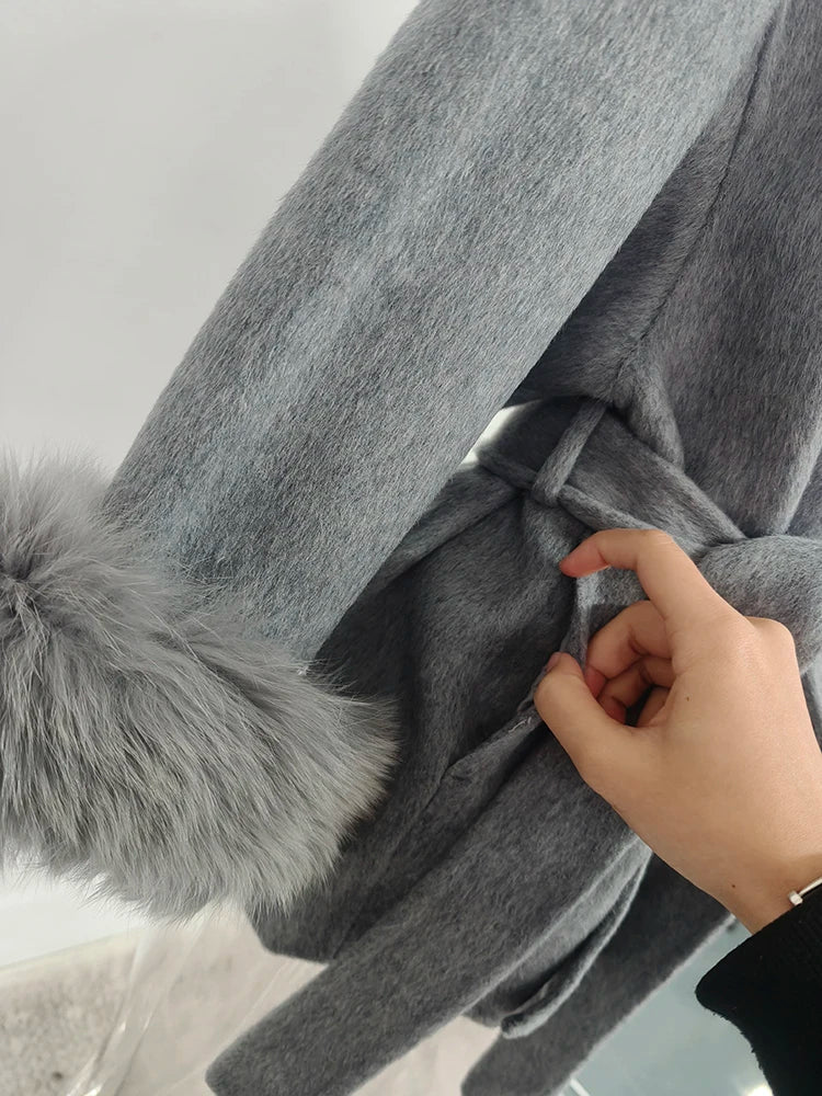 Elegant OL Office Lady Overcoats Fur Patchwork Long Sleeve Woolen Coat Beautiful Women's Clothing Jacket Autumn 2025 Spring