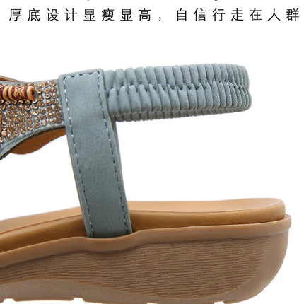 New 2026 Women's Summer Bohemian Style Sandals, Flip-Flop Design with Beaded and Rhinestone Buckle, Elastic Heel Strap, Comfortable Everyday Shoes