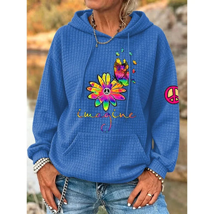 ilstile Women's Hippie Flower Print Hoodies Autumn Outdoor Sports Long Sleeve Casual Loose Round Neck Hooded Hoodies Hot Sale