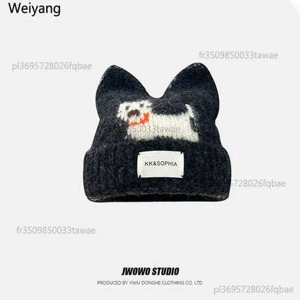 Cute Cartoon Kitten Ear Woolen Cap for Women Warm Cold-proof Autumn Winter Puppy Pattern Knitted Hat Fashion Sweet Crochet hats