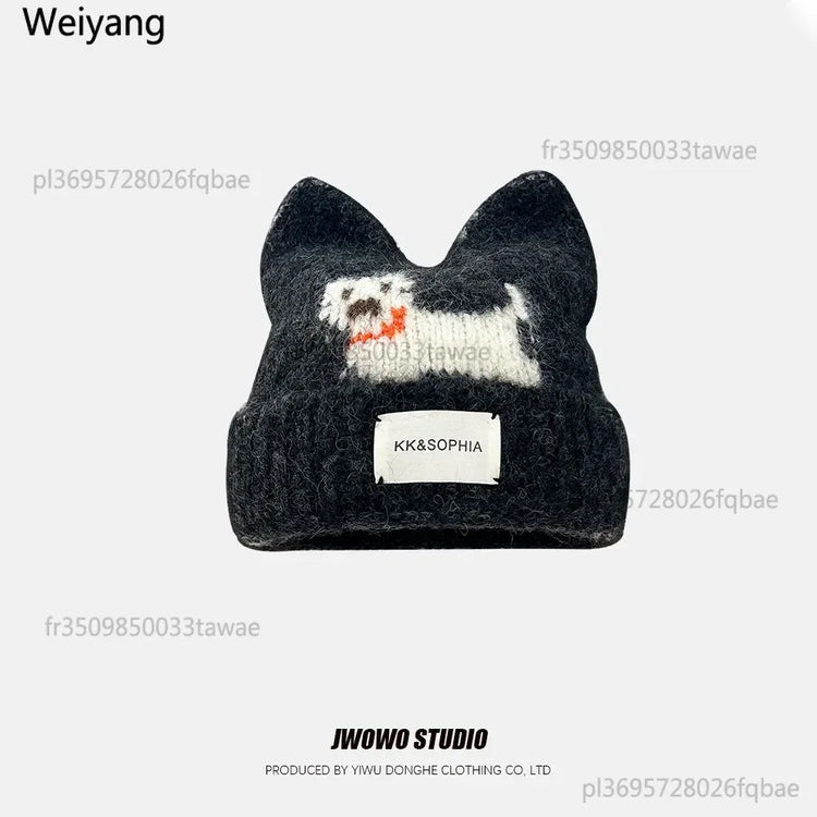 Cute Cartoon Kitten Ear Woolen Cap for Women Warm Cold-proof Autumn Winter Puppy Pattern Knitted Hat Fashion Sweet Crochet hats