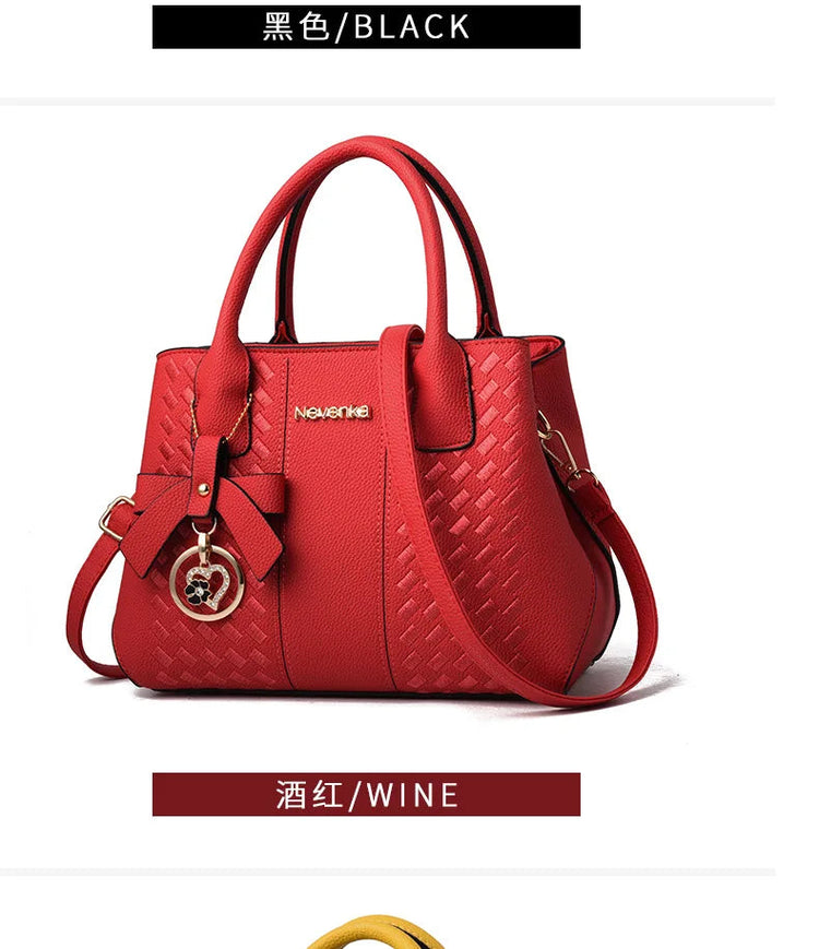 Bow Metal Pendant Top Handle Satchel Crossbody Bag, PU Leather Textured Bag Purse, Classic Versatile Fashion Shoulder Bag PlatiNum