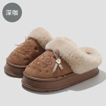 Women's Cute Cartoon Cat Plush Slippers Winter Warm Indoor Non-Slip Bow Embroidered Closed Toe Soft Fluffy House Shoes for Ladie