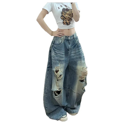Jeans da donna stile americano vintage lavato con strappi, a gamba larga e dritta, vita alta, lunghezza maxi