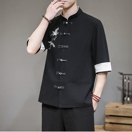 Camicie con ricamo gru Abbigliamento tradizionale cinese vintage Mezza manica da uomo in lino Solido colletto Madarin Cardigan Hanfu Kungfu
