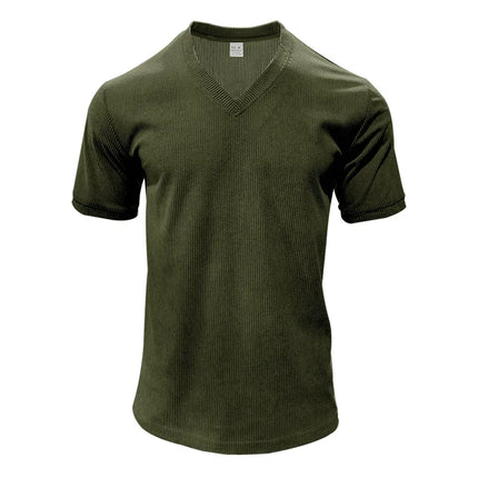 Men's European and American Summer Corduroy Solid Color Slim Casual V-Neck T-Shirt Amazon