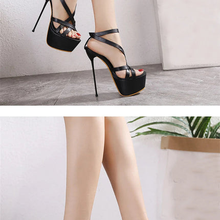 Liyke Summer Sexy 17CM Women Platform Sandals Fashion Open Toe Buckle Strap Super Thin High Heels Stripper Pole Dance Shoe Black PlatiNum