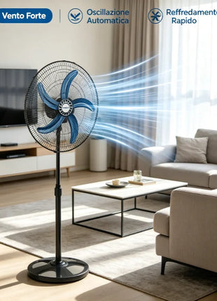 Grande Sconto Ventilatore a piantana leggero, montaggio semplice e veloce, vento molto potente, modello 50cm 75W con 5 pale blu, altezza regolabile e oscillazione automatica, spedizione gratuita in tutta Italia