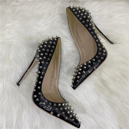 Super Thin Heel 8 10 12CM Sexy All Spikes Rivets Women Pumps Pointed Toe Super High Heels Party Nightclub Fashion Shoes Size 46