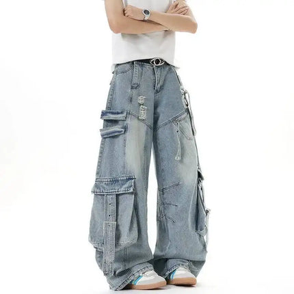 IEFB Jeans da uomo stile americano tinta unita multi tasche pantaloni casual usurati decostruzione pantaloni in denim a gamba larga 9W4066