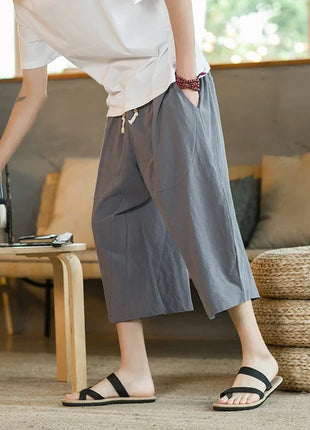 Pantaloni di lino da uomo in stile cinese Pantaloni a gamba larga da uomo con cavallo basso Pantaloni da uomo HipHop Pantaloni al polpaccio Pantaloni da pista Streetwear