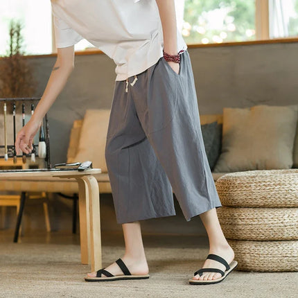 Pantaloni di lino da uomo in stile cinese Pantaloni a gamba larga da uomo con cavallo basso Pantaloni da uomo HipHop Pantaloni al polpaccio Pantaloni da pista Streetwear