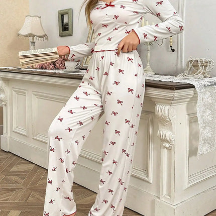 Primavera e autunno nuovi indumenti da notte da donna con fiocco a farfalla a maniche lunghe set stampato elastico da donna casual comodi vestiti per la casa