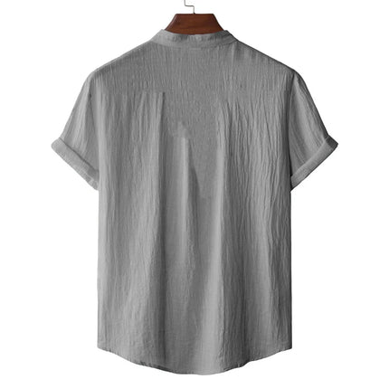 Men's Summer Cotton Linen T-Shirt, Beach Style, Short Sleeve, Henley Neck, for Vacations, Casual, Lightweight, Breathable and Comfortable