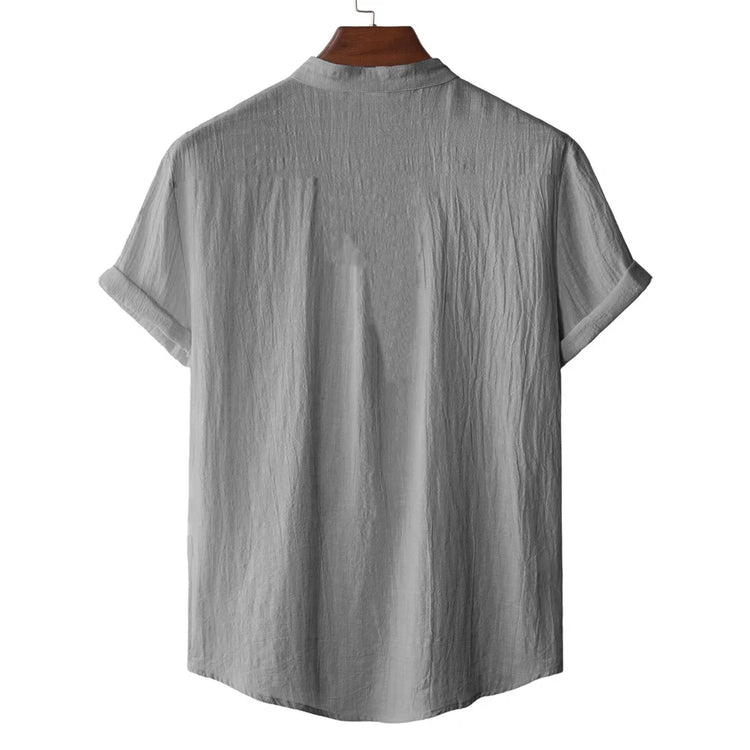 T-shirt Estiva da Uomo in Cotone e Lino, Stile Spiaggia, Manica Corta, Collo Henley, per Vacanze, Casual, Leggera, Traspirante e Confortevole