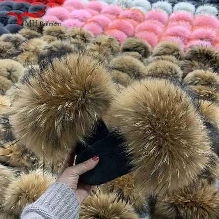 Real Raccoon Fur Slippers for Women 2023 Summer Fluffy Indoor Home Fuzzy Flat Slides Outdoor Fashion Beach Sandals Flip Flops