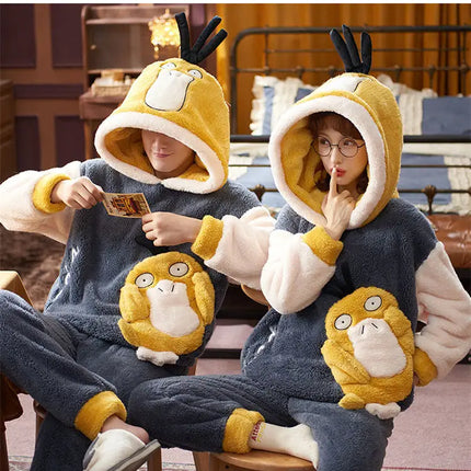 Couples Pajamas Women Men Winter Thicken Pyjamas Sleepwear Cartoon Dinosaur Korean Lovers Homewear Soft Warm Hoodies Pijama