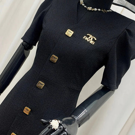 Women's Lautaro Spring-Summer Black Slim Elegant Dresses, V-Neck with Puff Short Sleeves and Buttons, Chic Luxury Designer Clothing