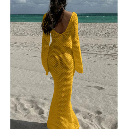 Nuovo stile lavorato a maglia scava fuori scollo a V abito a maniche lunghe da donna vacanza al mare bikini senza schienale copricostume protezione solare abito lungo platinumshop
