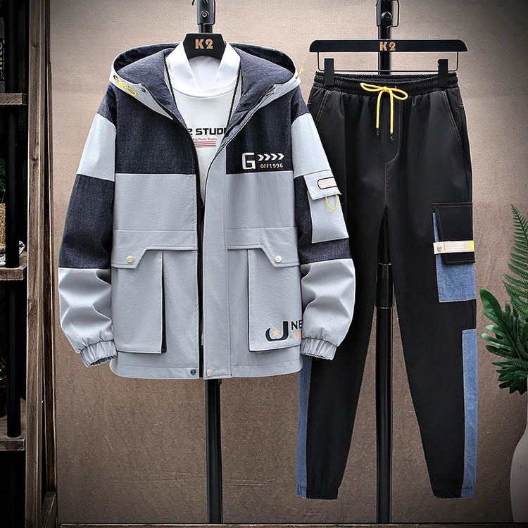 Spring Men Sportswear Tracksuit 2 Piece Running Sets Sports Hooded Jacket+Pant Sweatsuit Male Print Clothing Streetwear