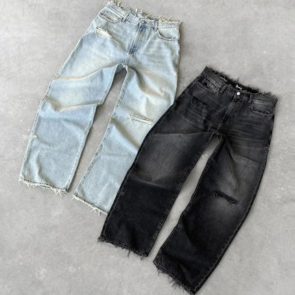 Straight Jeans Distressed Men Jean Ripped Holes Washed Denim Pants Ankle Length Loose Solid Zipper Fly Pockets Casual 2025 PlatiNum