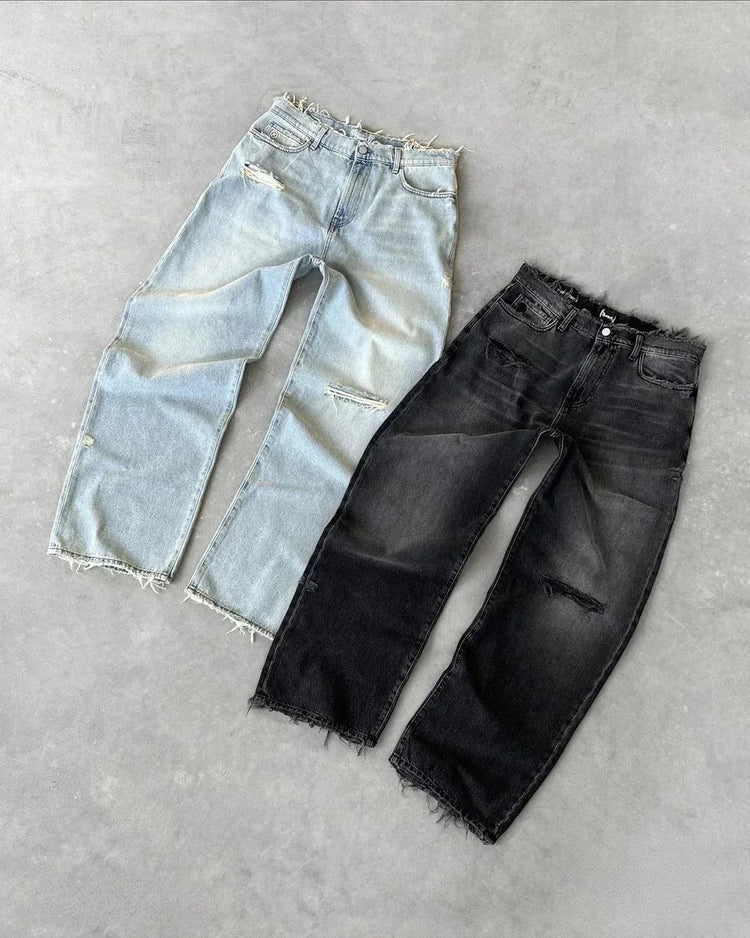 Straight Jeans Distressed Men Jean Ripped Holes Washed Denim Pants Ankle Length Loose Solid Zipper Fly Pockets Casual 2025 PlatiNum