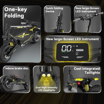 Monopattino elettrico OOTD T10, potenza di picco 900W, batteria 48V13AH, ruote da 11 pollici, monopattino portatile da città con luci a LED