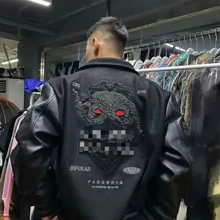 European and American Fashion Y2K Hip Hop Letter Embroidered PU Leather Jackets Couple Loose Leather Jackets Streetwear Men