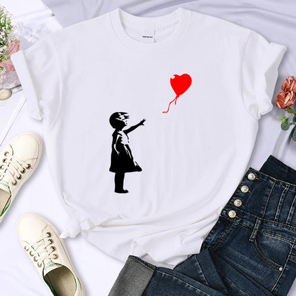 Fly Amore Ballons Imprimés T-shirt Femme Doux et Respirant Manches Courtes Street Hip Hop Tendance Tops Décontractés T-shirt Féminin Vêtements