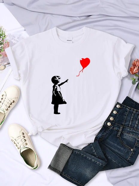 Fly Amore Palloncini Stampe T-shirt da donna Morbida e traspirante Manica corta Street Hip Hop Trend Top Casual T-shirt femminile Abbigliamento