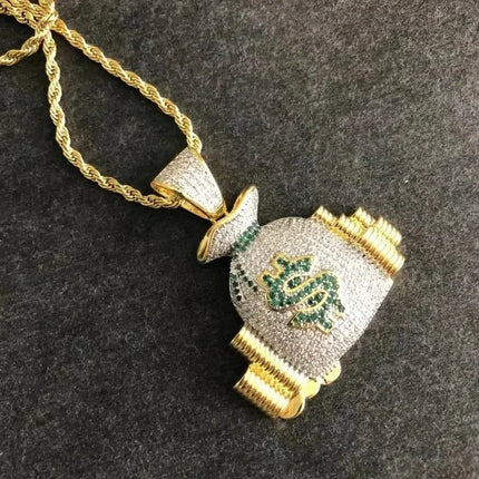 Hip Hop Ice Out Dollar Money Bag Necklace Shiny Cubic Zirconia Wallet Pendant for Men Women Hip Hop Rock Rap Cool Jewelry PlatiNum