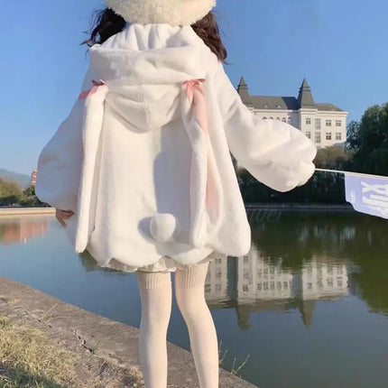 Kawaii Winter Clothes Cute Coats Women Rabbit Cosplay Costume Ears Hooded Lamb Wool Lolita Outwear Y2K Thicked Cartoon Jackets