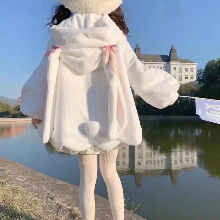 Kawaii Winter Clothes Cute Coats Women Rabbit Cosplay Costume Ears Hooded Lamb Wool Lolita Outwear Y2K Thicked Cartoon Jackets