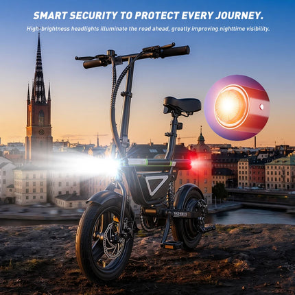 Bicicletta Elettrica EB1S da 14 Pollici, Motore 250W, Batteria 12Ah, Autonomia 30-50km, 3 Velocità, Velocità Massima 25km/h, Sospensione Centrale, E-Bike Pieghevole per Città, Bicicletta Elettrica per Adulti con Controllo