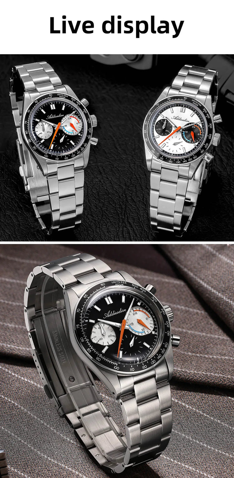 ADDIESDIVE 37mm Watch For Men Chronograph 10Bar Diver BGW9 Luminous Bubble Mirror Glass AD2539 Aluminum Ring VK63 Quartz Watches