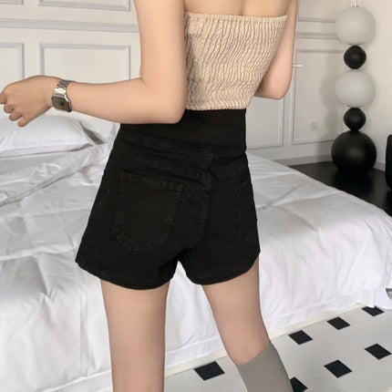 Women's super high waisted denim shorts for summer girls, new black A-line waist cinching slimming design, hot pants PlatiNum