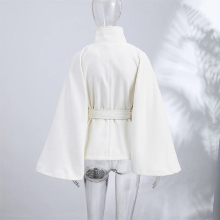 Elegant Women's Belt Short Woolen Coats Loose Stand Collar Single-breasted Long Sleeve Jacket 2026 Autumn Lady Commute Outwear
