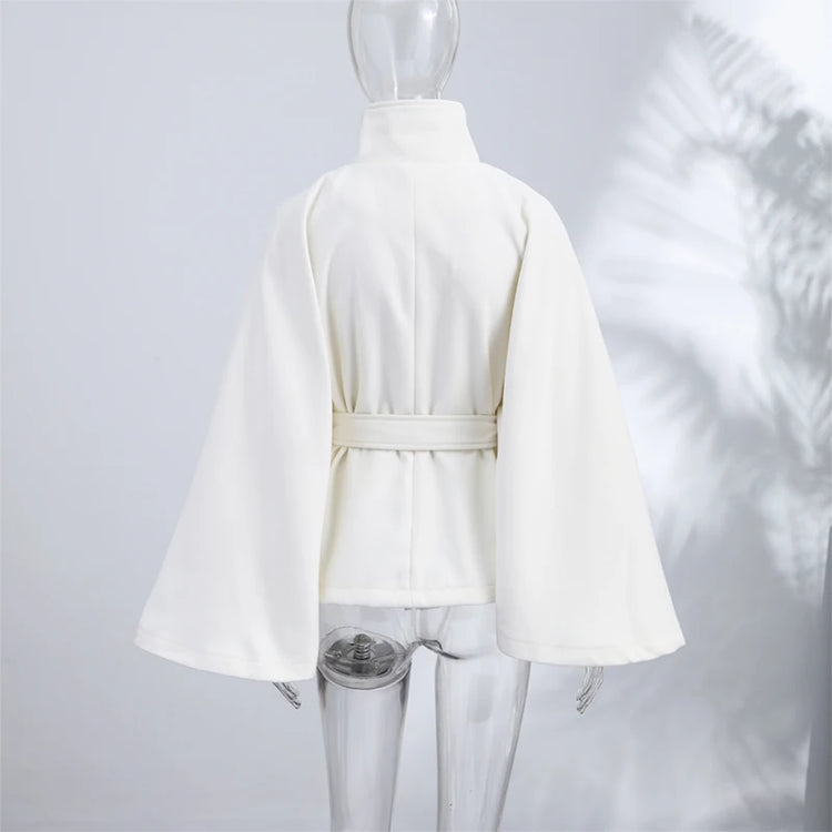Elegant Women's Belt Short Woolen Coats Loose Stand Collar Single-breasted Long Sleeve Jacket 2026 Autumn Lady Commute Outwear