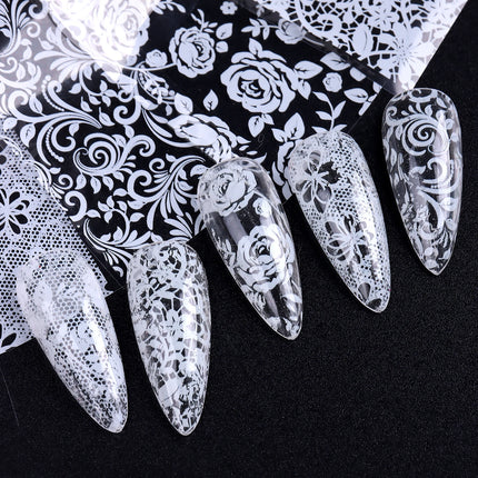 10 Sheets Lace Nail Foil White & Black Nail Stickers Design Transfer Foils Starry Sky Paper Nail Art Foil Decals for Nails Salon
