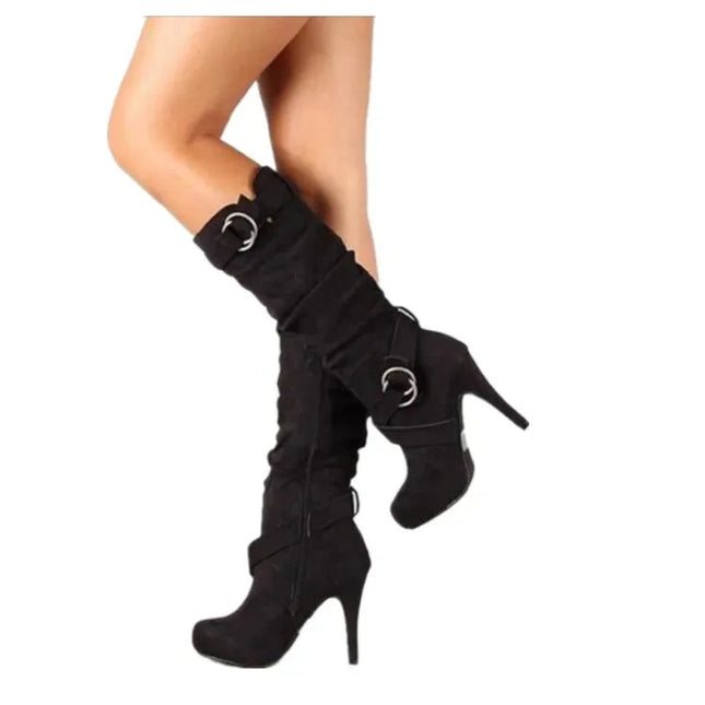 2023Sexy Knee High Women Boots Thin High Heel Round Toe Platform Fashion Ladies Pu Leather Boots Size 34-43 Lady Shoes PlatiNum