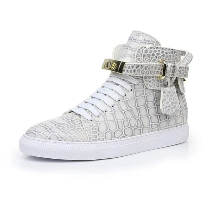 Luxury Designer Men Crocodile Pattern High Top Sneakers Glossy Patent Leather Gold Buckle Lace-up Casual Street Shoes Footwear
