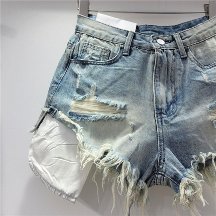 Pantaloncini di jeans con foro rosa delle nuove donne estive 2026 a vita alta che dimagriscono pantaloncini con bordo sfilacciato a trapezio per ragazza piccante - platinumshop