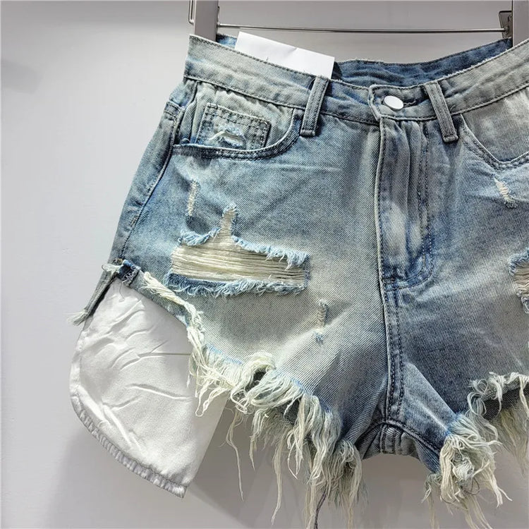 Pantaloncini di jeans con foro rosa delle nuove donne estive 2026 a vita alta che dimagriscono pantaloncini con bordo sfilacciato a trapezio per ragazza piccante - platinumshop