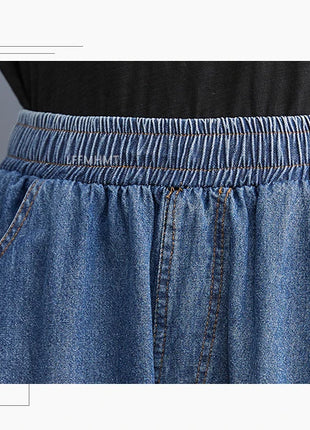 Jeans Vintage tinta unita da donna moda estiva pantaloni larghi in Denim elasticizzato in vita femminile pantaloni Harem alla caviglia stile giapponese