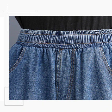 Jeans Vintage tinta unita da donna moda estiva pantaloni larghi in Denim elasticizzato in vita femminile pantaloni Harem alla caviglia stile giapponese