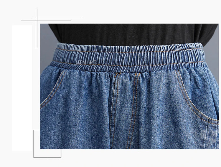 Jeans Vintage tinta unita da donna moda estiva pantaloni larghi in Denim elasticizzato in vita femminile pantaloni Harem alla caviglia stile giapponese